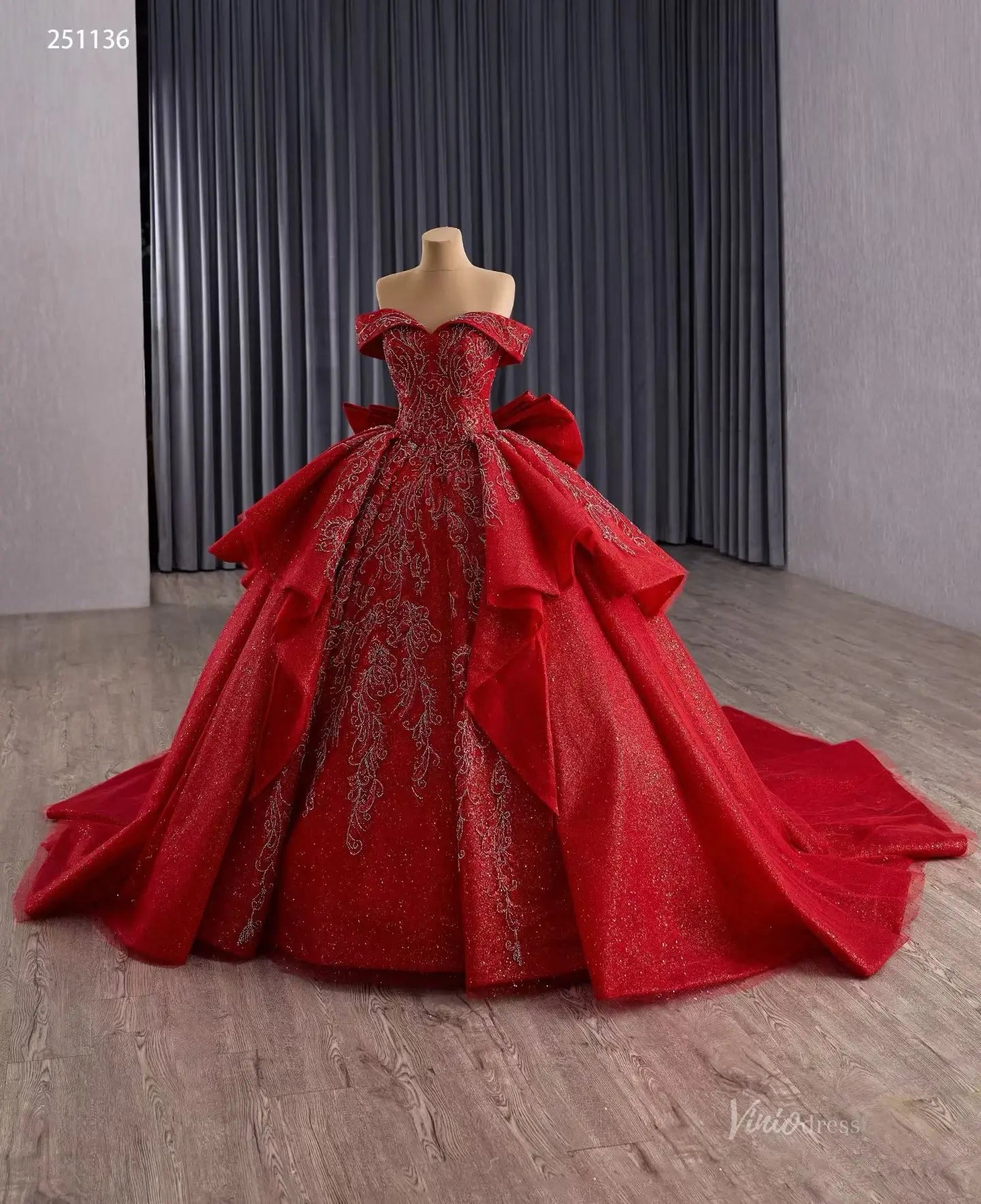 Off-the-Shoulder Red Quinceañera Dress | Ball Gown with Back Bow, Corset Back & 1m Train 251136-Quinceanera Dresses 2025 -Viniodress-Red-Custom Size-