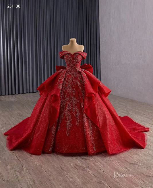 Off-the-Shoulder Red Quinceañera Dress | Ball Gown with Back Bow, Corset Back & 1m Train 251136-Quinceanera Dresses 2025 -Viniodress-Red-Custom Size-
