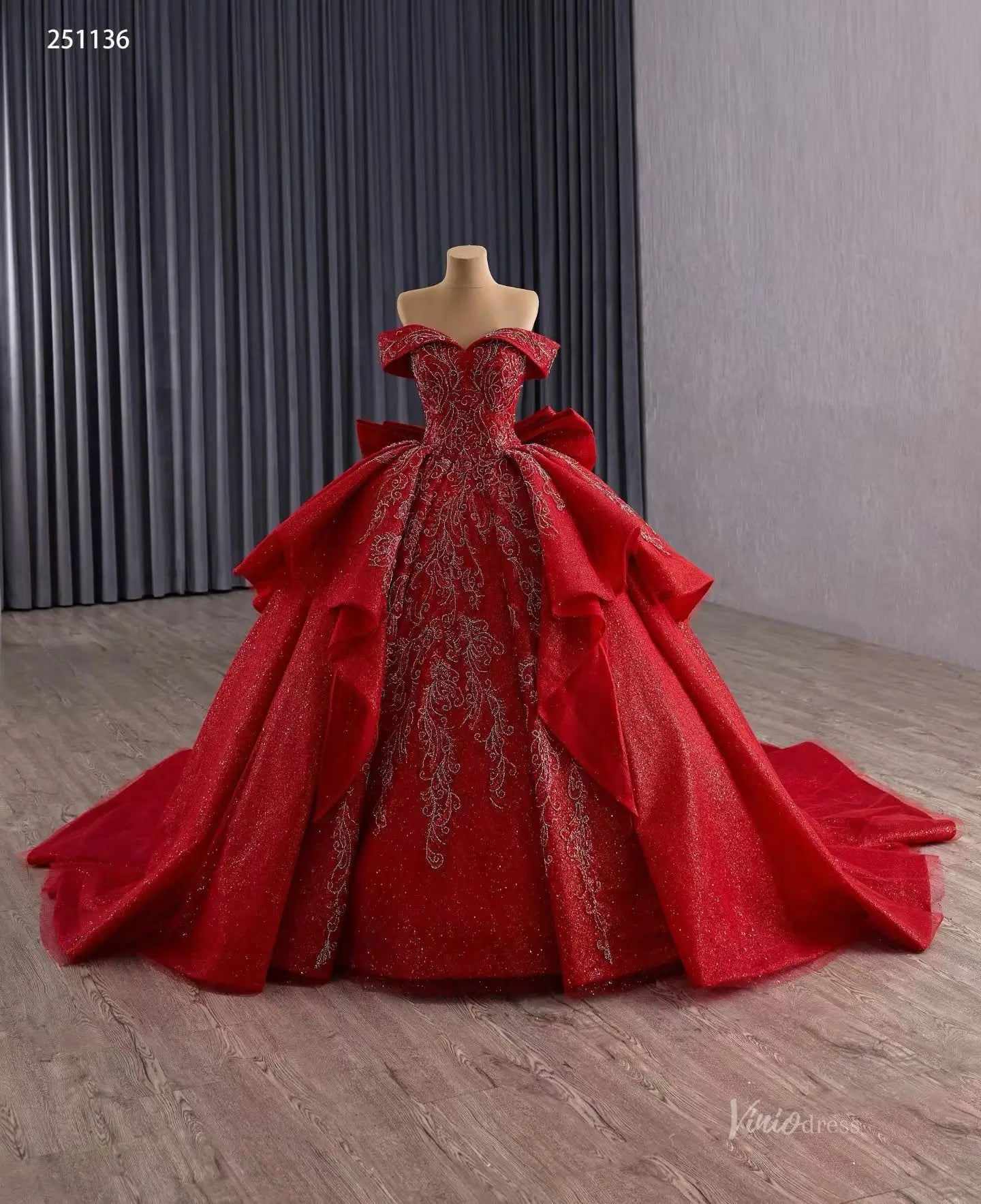 Off-the-Shoulder Red Quinceañera Dress | Ball Gown with Back Bow, Corset Back & 1m Train 251136-Quinceanera Dresses 2025 -Viniodress-Red-Custom Size-