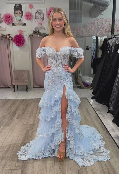 Off the Shoulder Red Sequin Lace Ruffle Prom Dresses with Slit FD3637B-prom dresses 2025 -Viniodress-Light Blue-Custom Size-