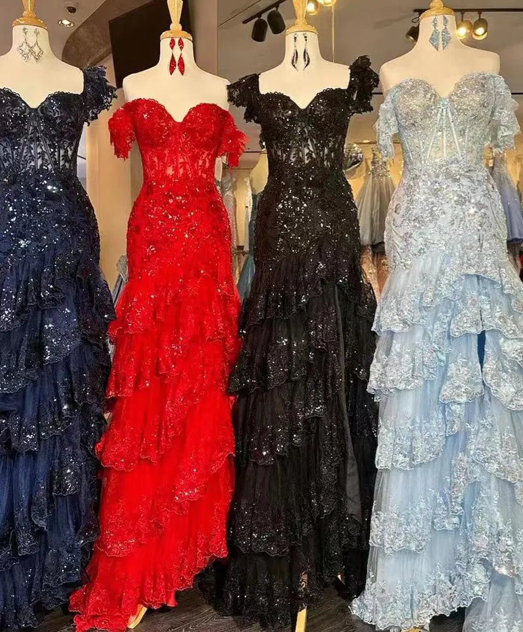 Off the Shoulder Red Sequin Lace Ruffle Prom Dresses with Slit FD3637B-prom dresses 2025 -Viniodress-Red-Custom Size-