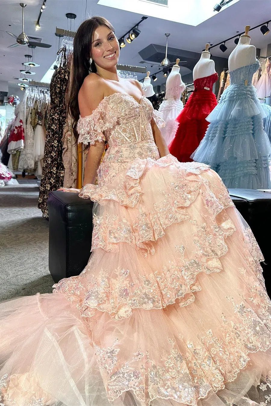 Off the Shoulder Red Sequin Lace Ruffle Prom Dresses with Slit FD3637B-prom dresses 2025 -Viniodress-Red-Custom Size-