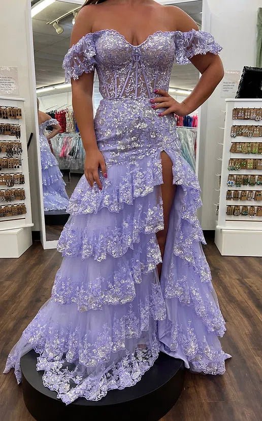 Off the Shoulder Red Sequin Lace Ruffle Prom Dresses with Slit FD3637B-prom dresses 2025 -Viniodress-Lavender-Custom Size-