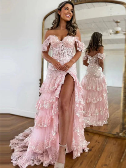 Off the Shoulder Red Sequin Lace Ruffle Prom Dresses with Slit FD3637B-prom dresses 2025 -Viniodress-Pink-Custom Size-