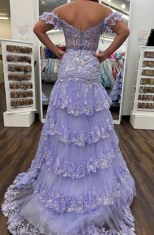 Off the Shoulder Red Sequin Lace Ruffle Prom Dresses with Slit FD3637B Viniodress Off the Shoulder Red Sequin Lace Ruffle Prom Dresses with Slit FD3637B Viniodress