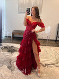 Off the Shoulder Red Sequin Lace Ruffle Prom Dresses with Slit FD3637B-prom dresses-Viniodress-Viniodress