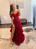 Off the Shoulder Red Sequin Lace Ruffle Prom Dresses with Slit FD3637B