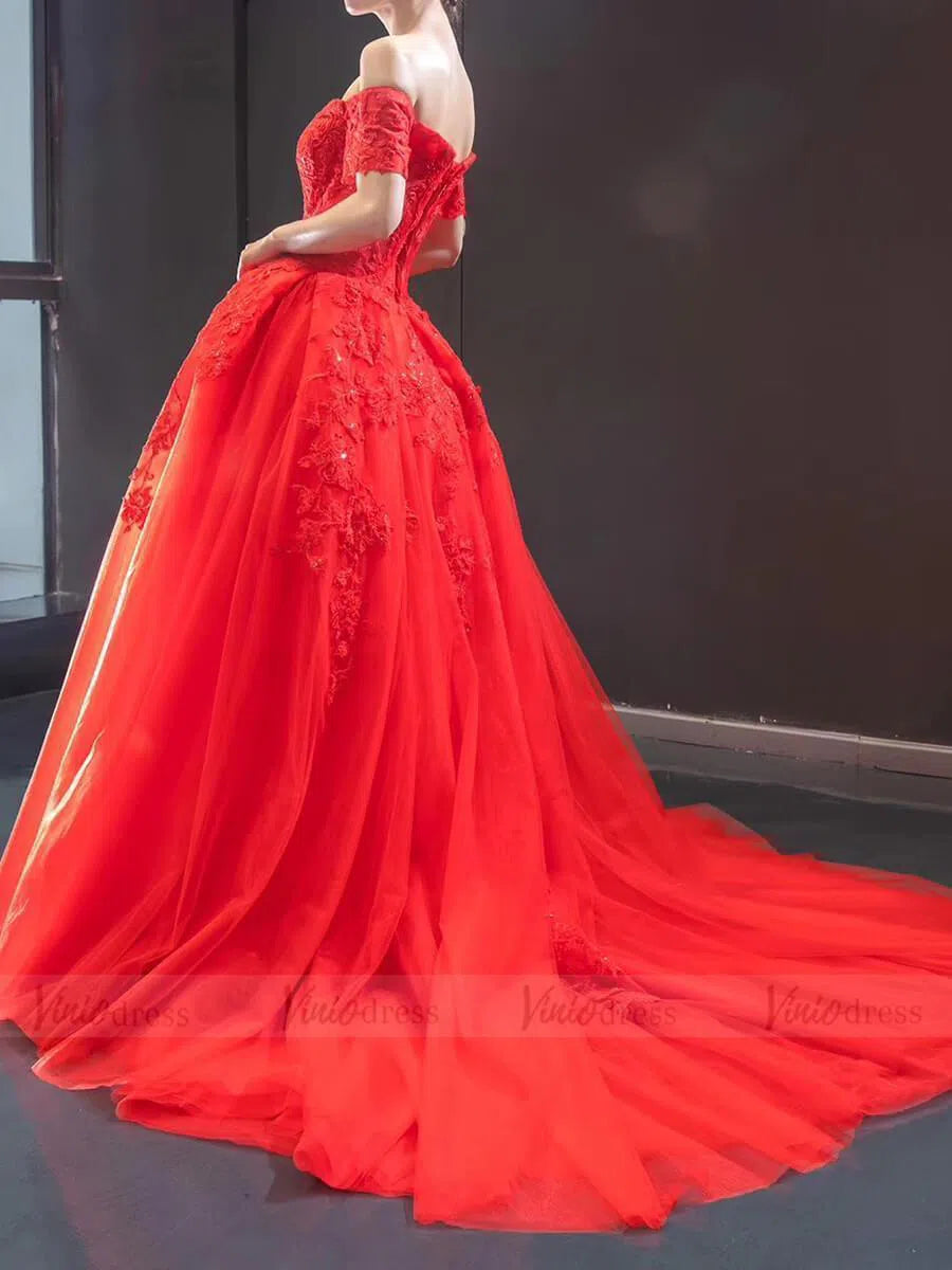 Prom Dress 2025 Off the Shoulder Red Tulle Prom Dresses with Train FD1602 viniodress-unique prom dresses-Red-Custom Size-Viniodress