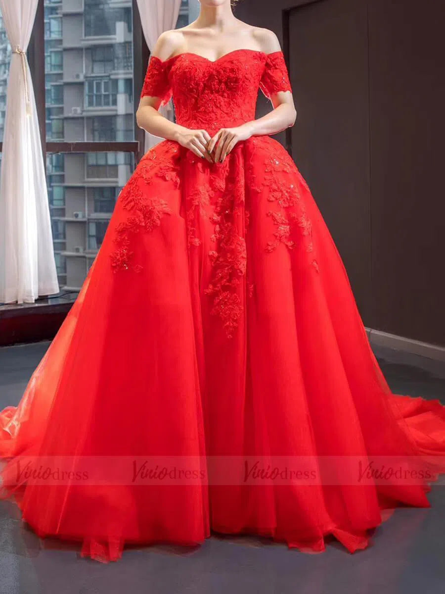 Prom Dress 2025 Off the Shoulder Red Tulle Prom Dresses with Train FD1602 viniodress-unique prom dresses-Red-Custom Size-Viniodress