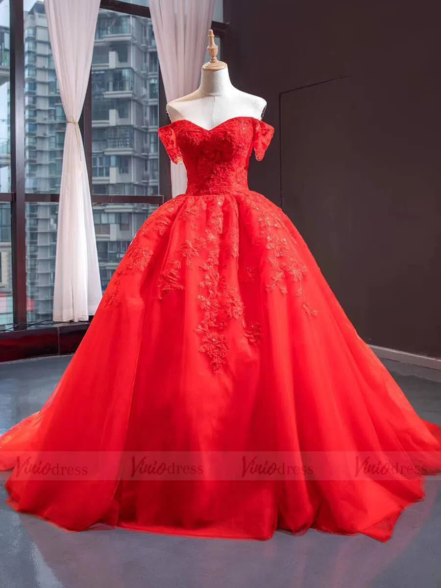 Prom Dress 2025 Off the Shoulder Red Tulle Prom Dresses with Train FD1602 viniodress-unique prom dresses-Red-Custom Size-Viniodress