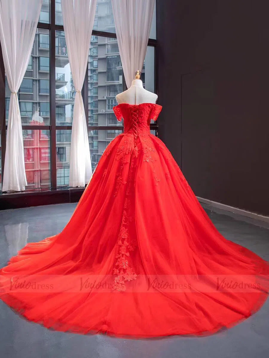 Prom Dress 2025 Off the Shoulder Red Tulle Prom Dresses with Train FD1602 viniodress-unique prom dresses-Red-Custom Size-Viniodress