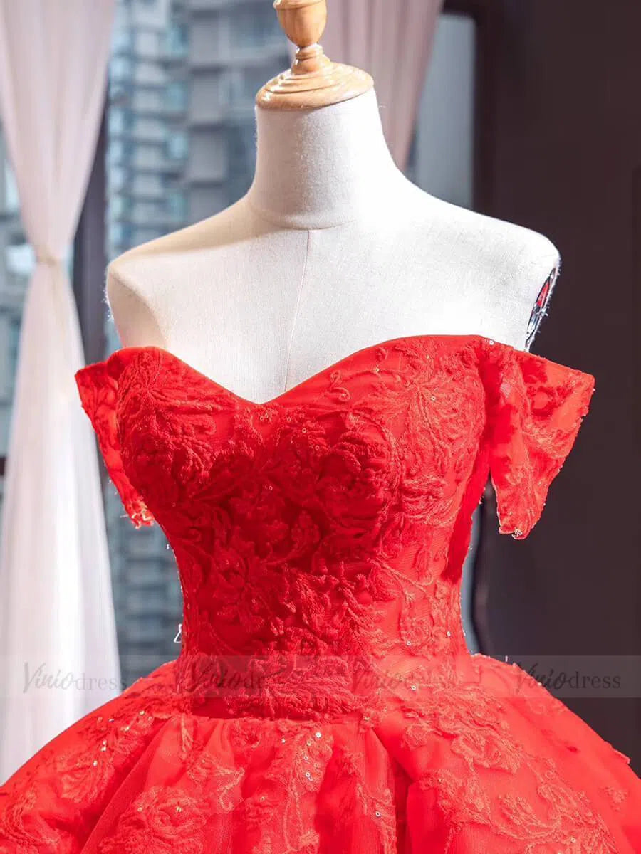 Prom Dress 2025 Off the Shoulder Red Tulle Prom Dresses with Train FD1602 viniodress-unique prom dresses-Red-Custom Size-Viniodress