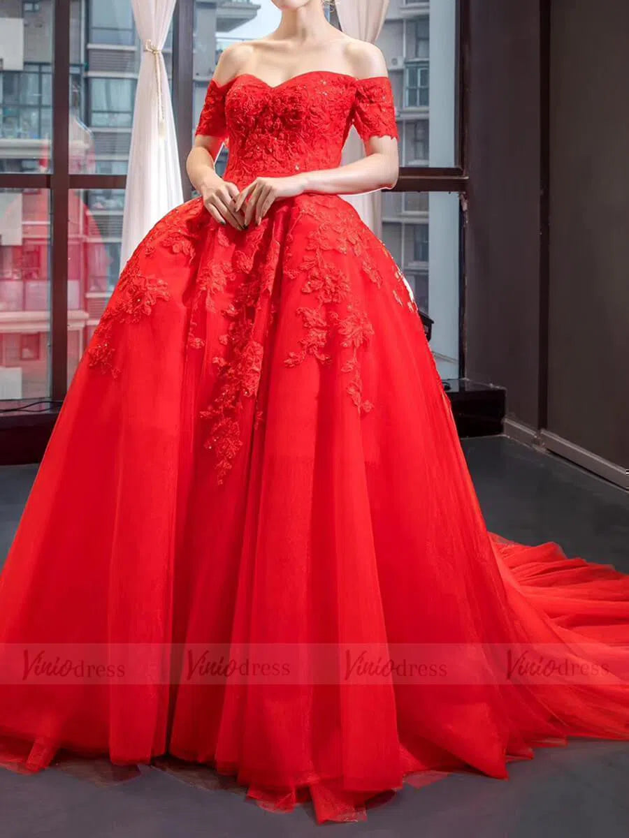 Prom Dress 2025 Off the Shoulder Red Tulle Prom Dresses with Train FD1602 viniodress-unique prom dresses-Red-Custom Size-Viniodress