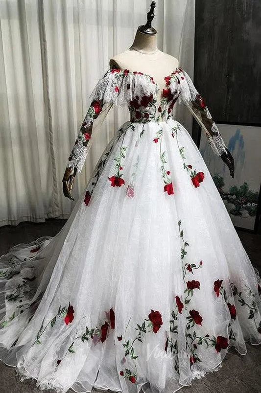 Off the Shoulder Rose Floral Lace Wedding Dress with Long Sleeve,Red Embroidered Appliqués, Corset Back FD1046-wedding dresses 2025 -Viniodress-White-Custom Size-