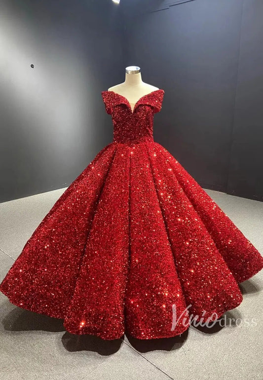 Off the Shoulder Royal Blue Sequin Ball Gown Quince Dresses 66536 viniodress-Quinceanera Dresses 2025 -Viniodress-Red-Custom Size-