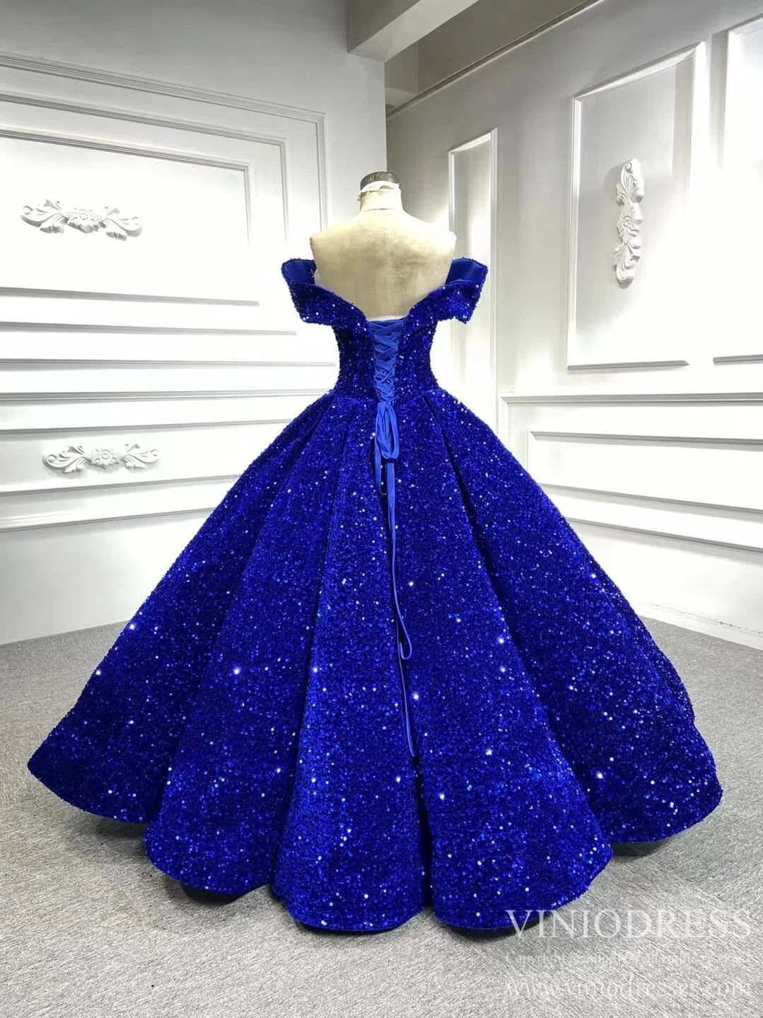 Quinceanera Dresses 2025 Off the Shoulder Royal Blue Sequin Ball Gown Quince Dresses 66536 viniodress-plus size wedding dresses Viniodress-Royal Blue-Custom Size-