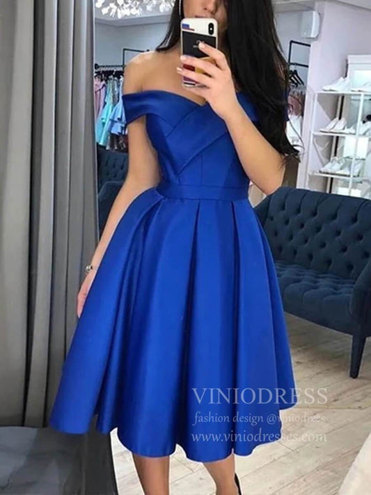 Short Prom Dresses 2025 Off the Shoulder Royal Blue Tea Length Prom Dresses SD1260-homecoming dresses-Viniodress-Royal Blue-Custom Size-Viniodress