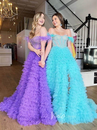 Off the Shoulder Ruffled Tulle Prom Dress with Slit FD2976B-prom dresses 2025 -Viniodress-Lavender-Custom Size-