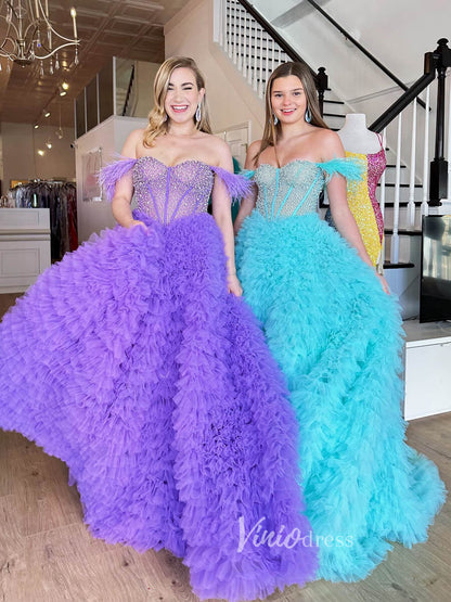 Off the Shoulder Ruffled Tulle Prom Dress with Slit FD2976B-prom dresses 2025 -Viniodress-Lavender-Custom Size-