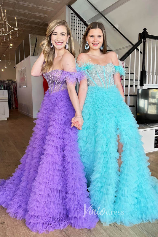 Off the Shoulder Ruffled Tulle Prom Dress with Slit FD2976B-prom dresses 2025 -Viniodress-Lavender-Custom Size-
