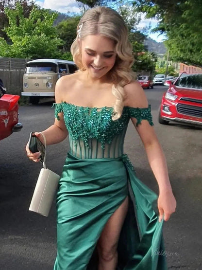 Off the Shoulder Satin Mermaid Prom Dresses 2025 with Slit & Lace Bodice – FD5063-prom dresses 2025 -Viniodress-Green-Custom Size-