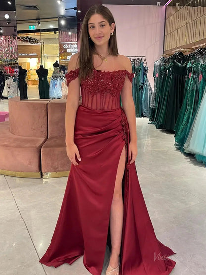 Off the Shoulder Satin Mermaid Prom Dresses 2025 with Slit & Lace Bodice – FD5063-prom dresses 2025 -Viniodress-Red-Custom Size-