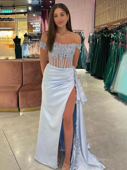 Off the Shoulder Satin Mermaid Prom Dresses 2025 with Slit & Lace Bodice – FD5063-prom dresses 2025 -Viniodress-Silver-Custom Size-