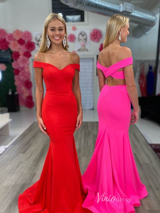 Off the Shoulder Satin Mermaid Prom Dresses Crossed Back FD2692-prom dresses 2025 -Viniodress-Red-Custom Size-