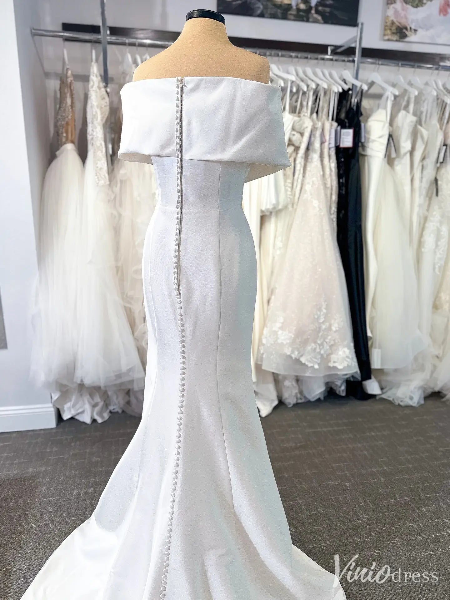Off-the-Shoulder Satin Mermaid Wedding Dress with Folded Neckline – VW2603-wedding dresses 2025 -Viniodress-Ivory-Custom Size-