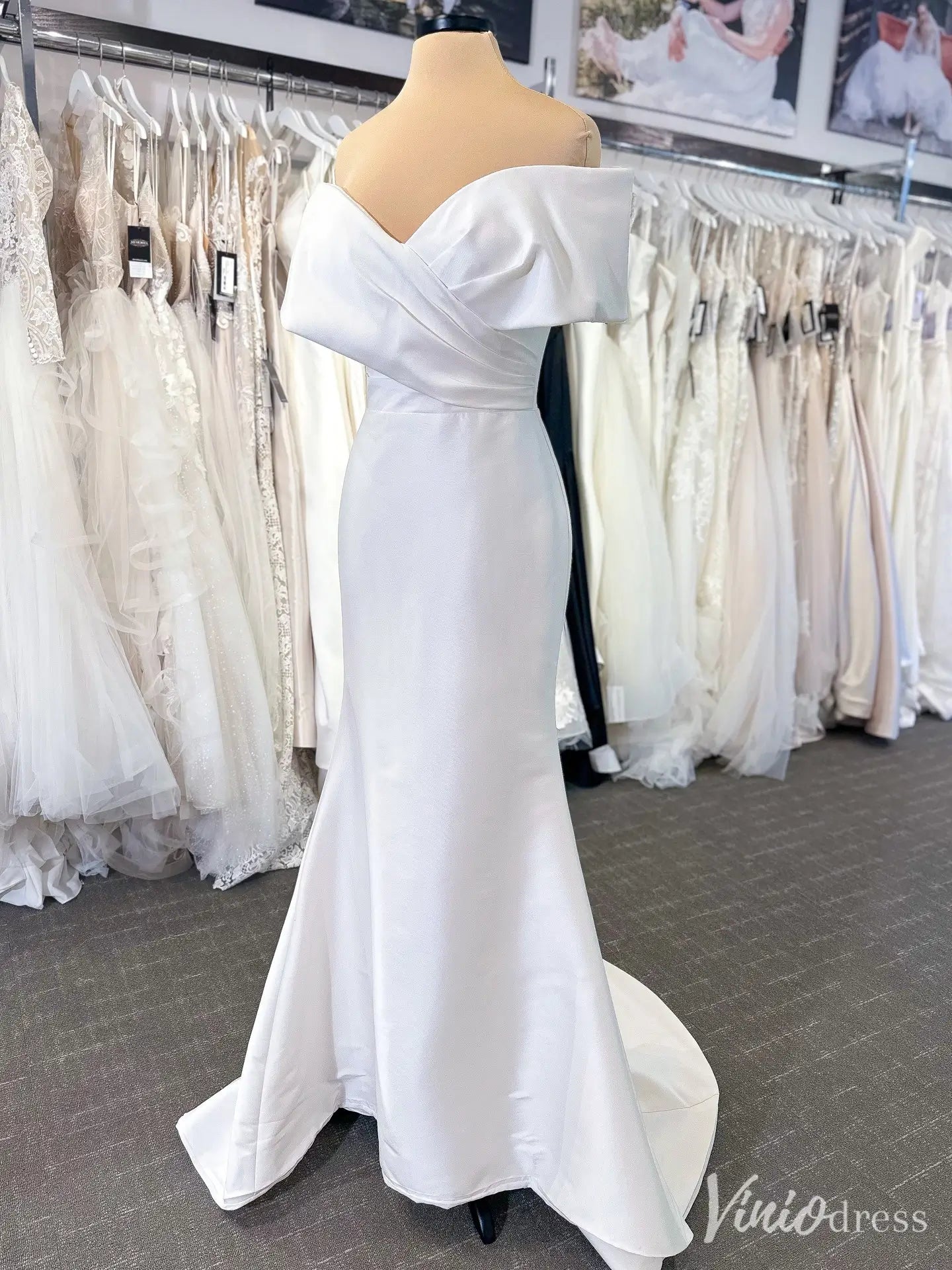 Off-the-Shoulder Satin Mermaid Wedding Dress with Folded Neckline – VW2603-wedding dresses 2025 -Viniodress-Ivory-Custom Size-