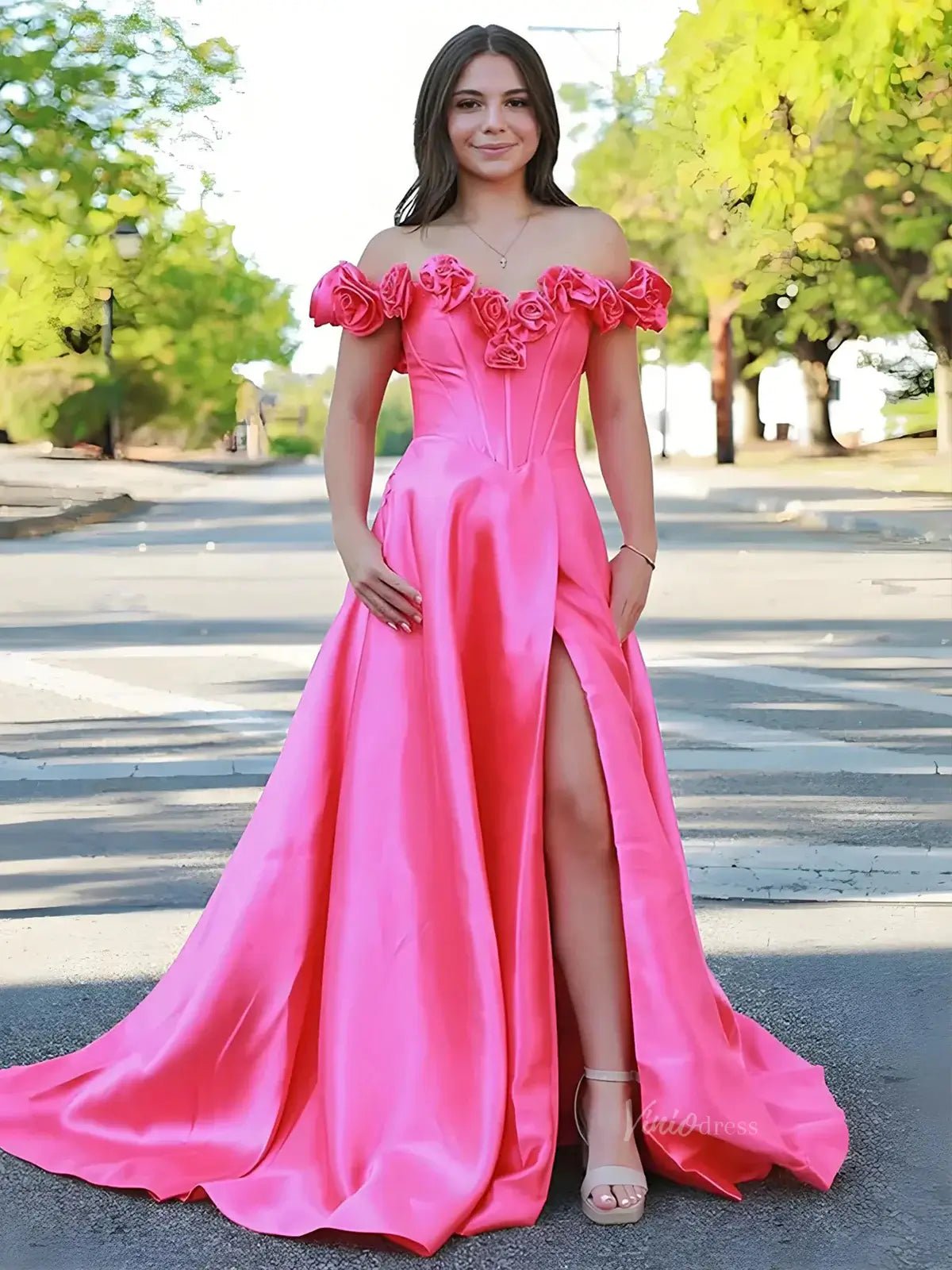 Off the Shoulder Satin Prom Dresses 3D Flower Formal Gown with Slit - FD5127-prom dresses 2025 -Viniodress-Pink-Custom Size-