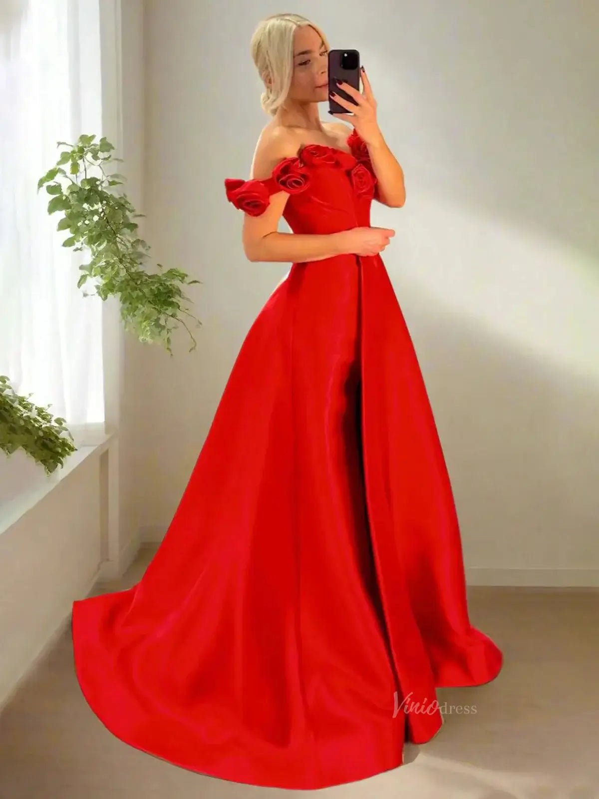 Off the Shoulder Satin Prom Dresses 3D Flower Formal Gown with Slit - FD5127 - Viniodressprom dressesRedCustom Size - Formal Dresses - Ball Gowns