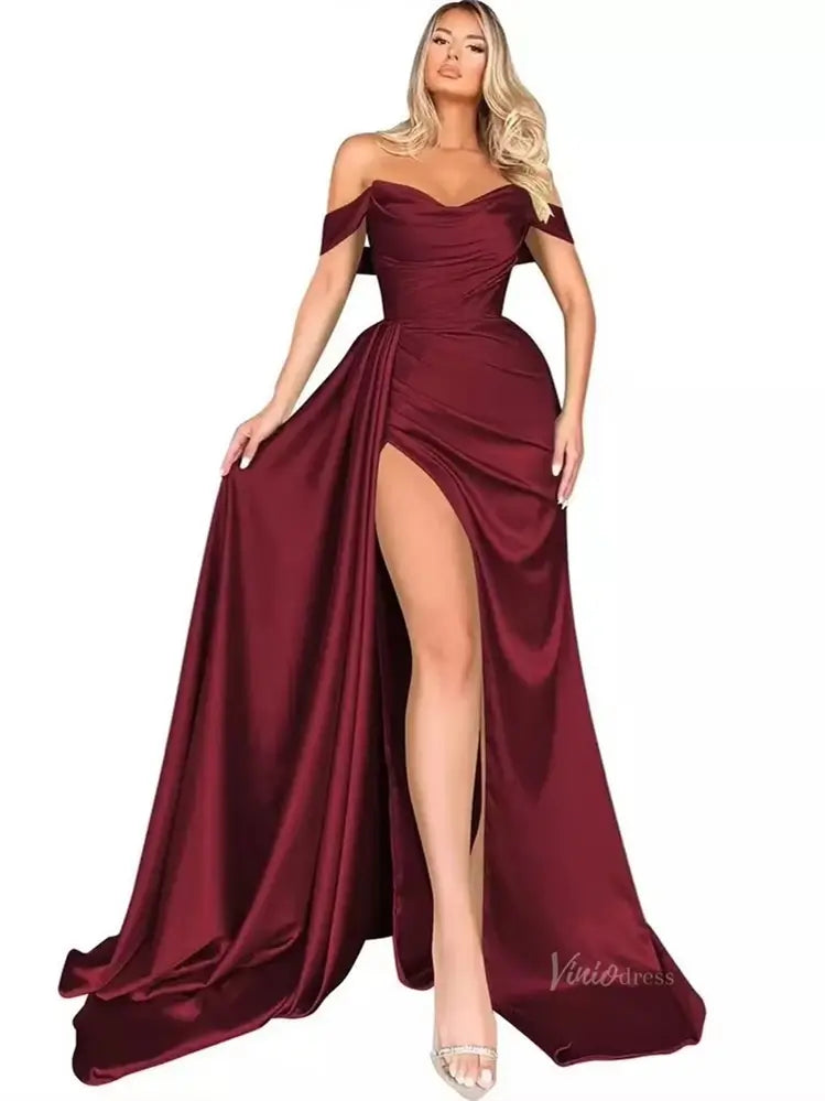 Off the Shoulder Satin Prom Dresses with Slit, Sweetheart Neckline & Overskirt - FD5294-prom dresses 2025 -Viniodress-Burgundy-Custom Size-