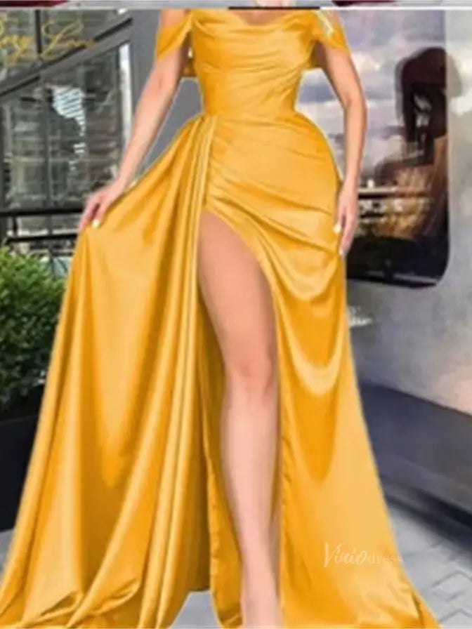 Off the Shoulder Satin Prom Dresses with Slit, Sweetheart Neckline & Overskirt - FD5294-prom dresses 2025 -Viniodress-Yellow-Custom Size-
