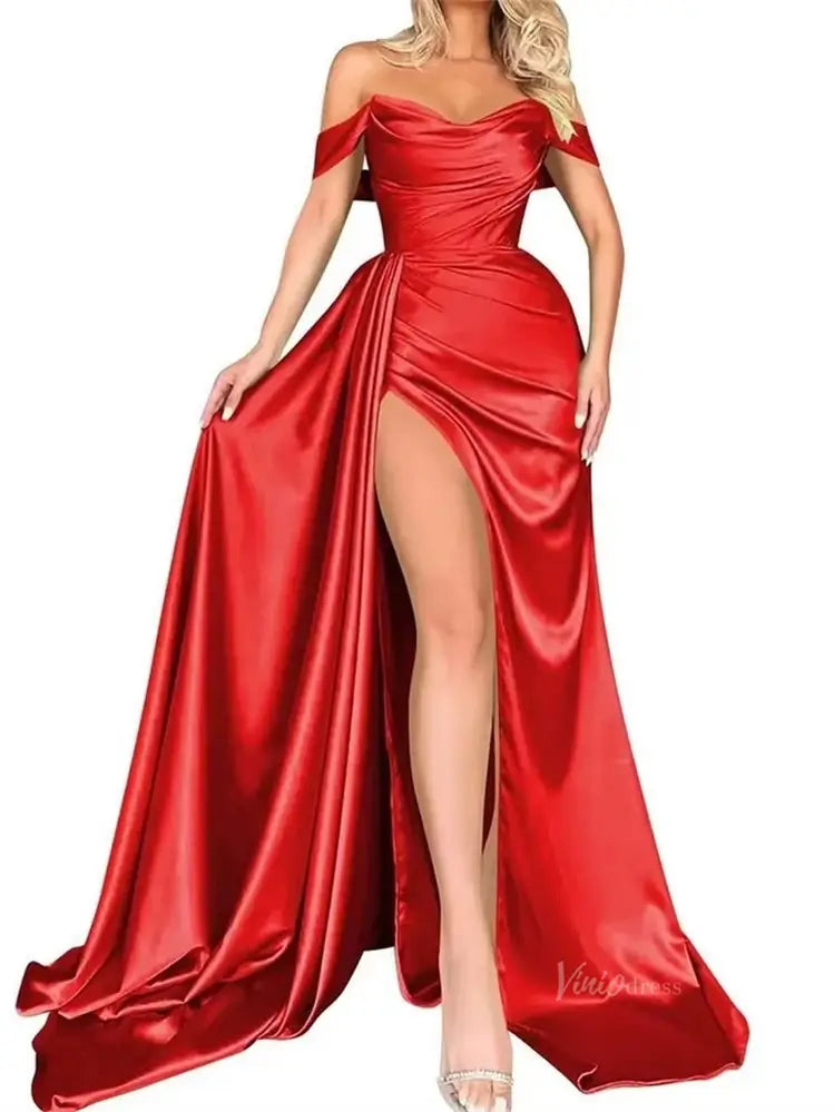 Off the Shoulder Satin Prom Dresses with Slit, Sweetheart Neckline & Overskirt - FD5294-prom dresses 2025 -Viniodress-Burgundy-Custom Size-