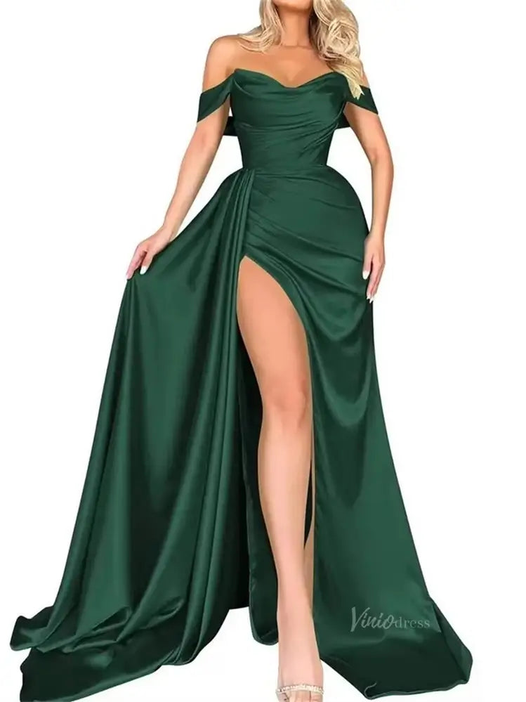 Off the Shoulder Satin Prom Dresses with Slit, Sweetheart Neckline & Overskirt - FD5294-prom dresses 2025 -Viniodress-Green-Custom Size-
