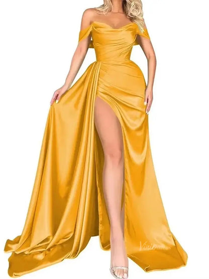 Off the Shoulder Satin Prom Dresses with Slit, Sweetheart Neckline & Overskirt - FD5294-prom dresses 2025 -Viniodress-Burgundy-Custom Size-