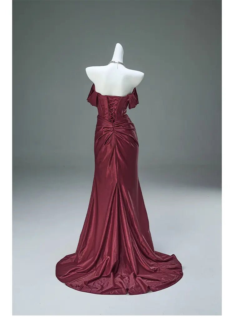 Off the Shoulder Satin Sheath Prom Dresses with Slit Basque Waistline Evening Gown - CQ0137-Prom Dresses 2025 -Viniodress-Burgundy-Custom Size-