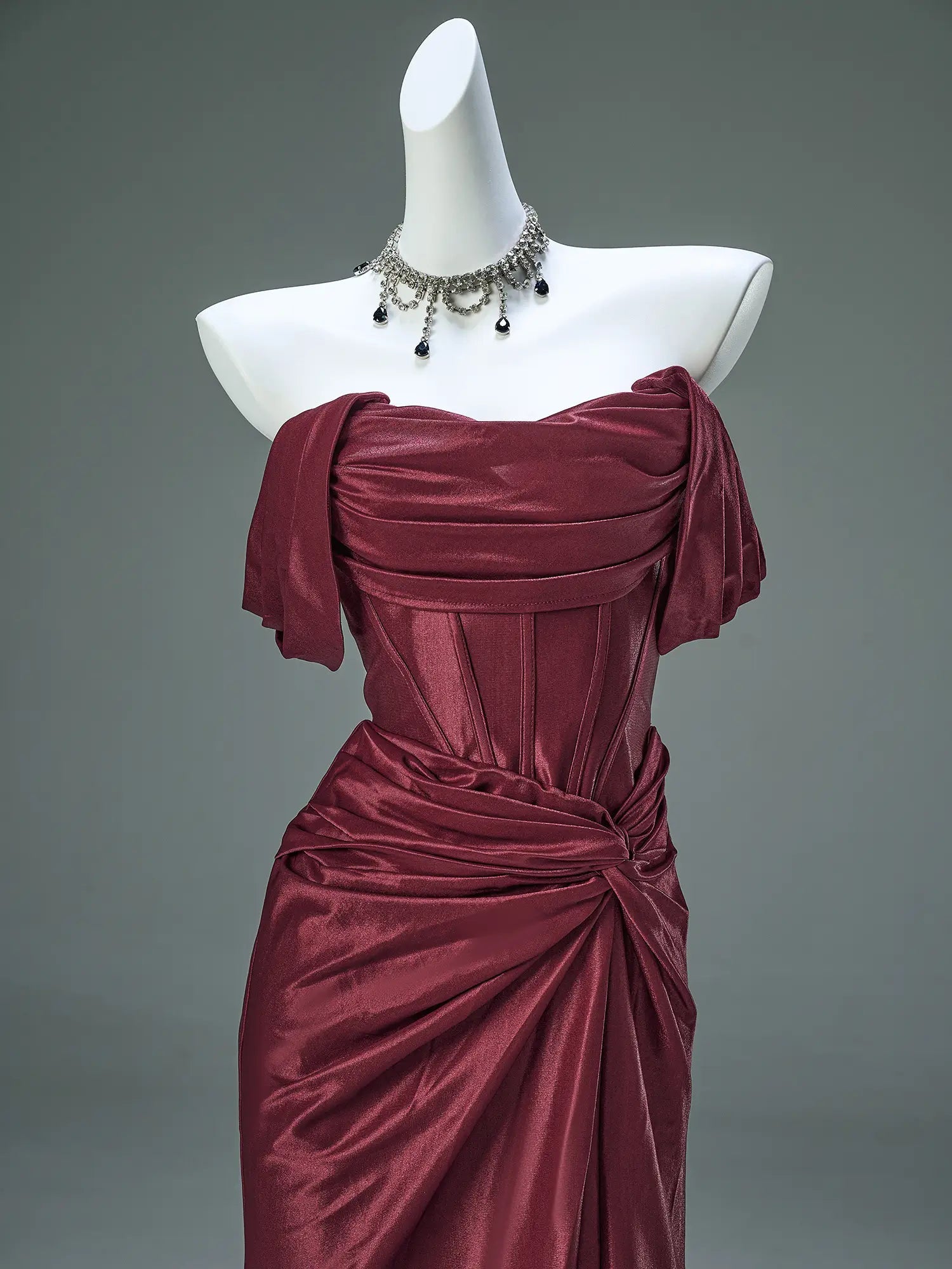 Off the Shoulder Satin Sheath Prom Dresses with Slit Basque Waistline Evening Gown - CQ0137-Prom Dresses 2025 -Viniodress-Burgundy-Custom Size-