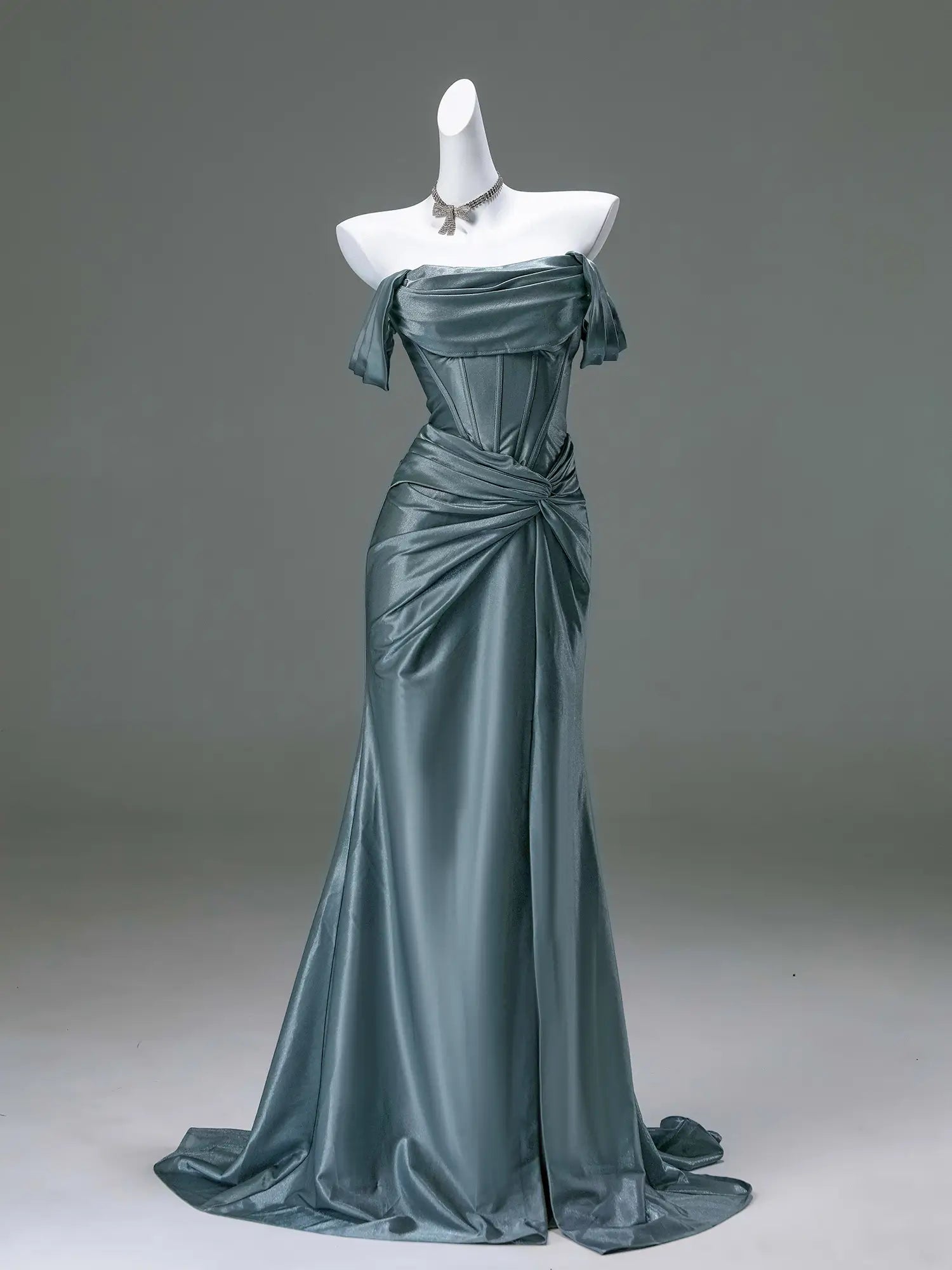 Off the Shoulder Satin Sheath Prom Dresses with Slit Basque Waistline Viniodress Off the Shoulder Satin Sheath Prom Dresses with Slit Basque Waistline Viniodress