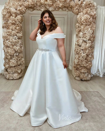 Off the Shoulder Satin Wedding Dresses Plus Size VW1021-wedding dresses 2025 -Viniodress-Ivory-Custom Size-