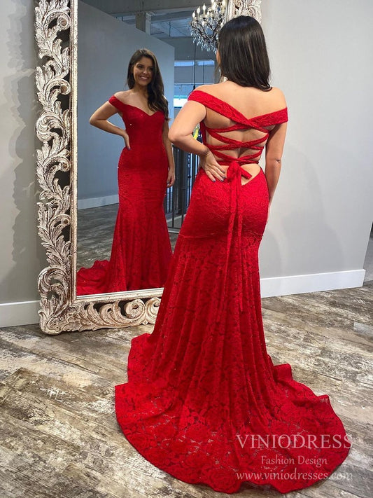 Off the Shoulder Sheath Red Lace Prom Dresses FD2546-prom dresses 2025 -Viniodress-Red-Custom Size-
