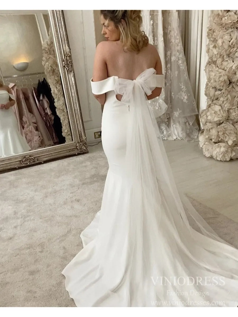 Off the Shoulder Simple Mermaid Wedding Dresses VW1876-wedding dresses 2025 -Viniodress-Ivory-Custom Size-