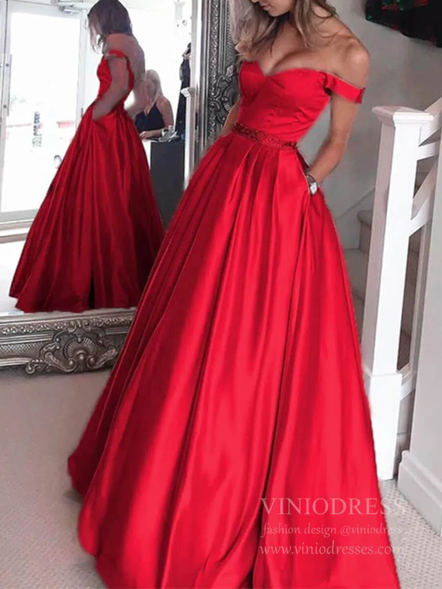 Off the Shoulder Simple Prom Dresses with Pockets FD1693-prom dresses 2025 -Viniodress-Red-Custom Size-