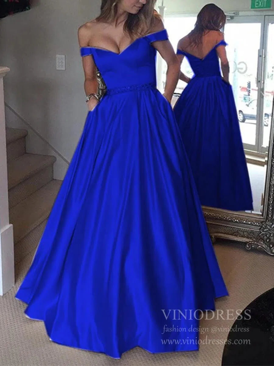 Off the Shoulder Simple Prom Dresses with Pockets FD1693-prom dresses 2025 -Viniodress-Royal Blue-Custom Size-