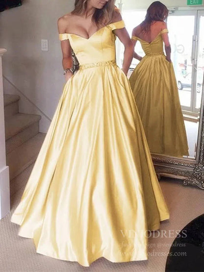 Off the Shoulder Simple Prom Dresses with Pockets FD1693-prom dresses 2025 -Viniodress-Yellow-Custom Size-