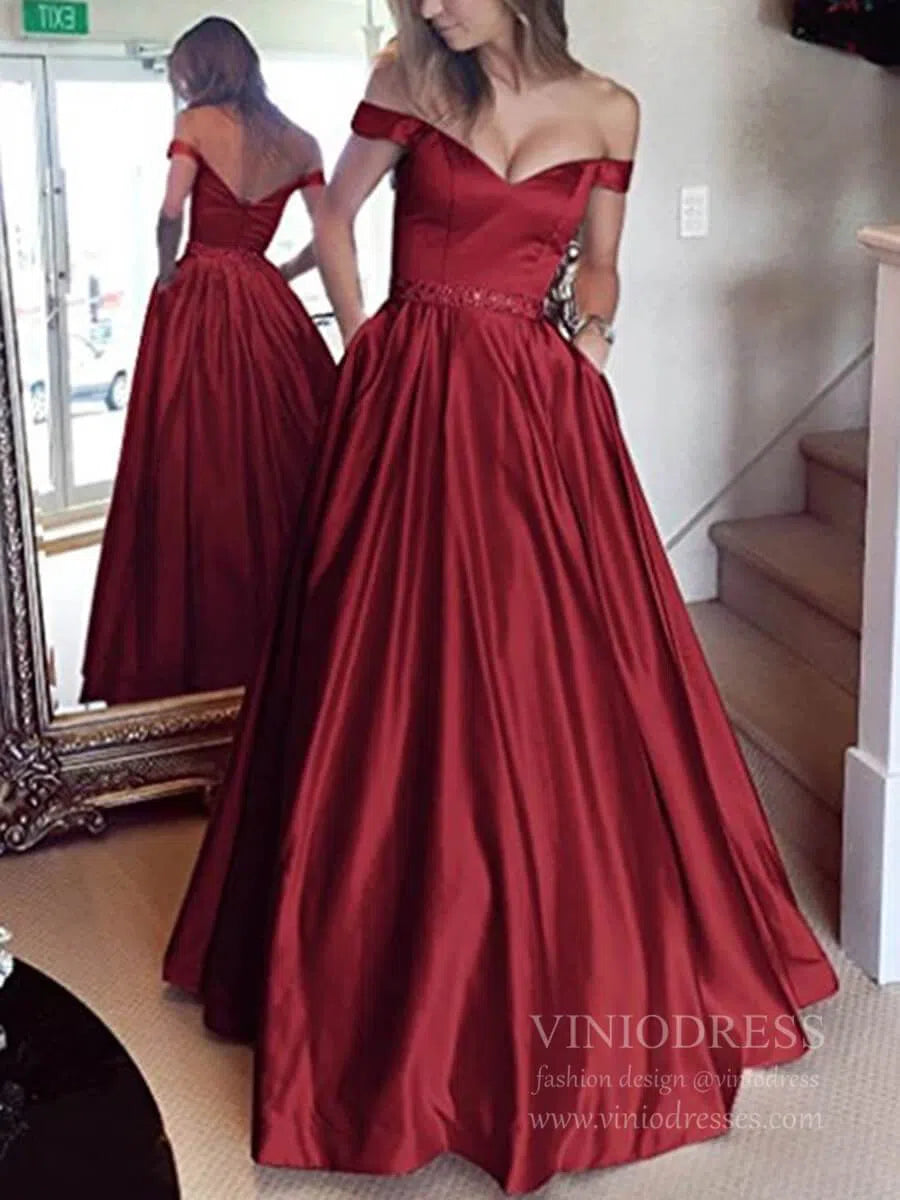 Prom Dress 2025 Cheap Off the Shoulder Simple Prom Dresses with Pockets FD1693-unique prom dresses-Burgundy-Custom Size-Viniodress