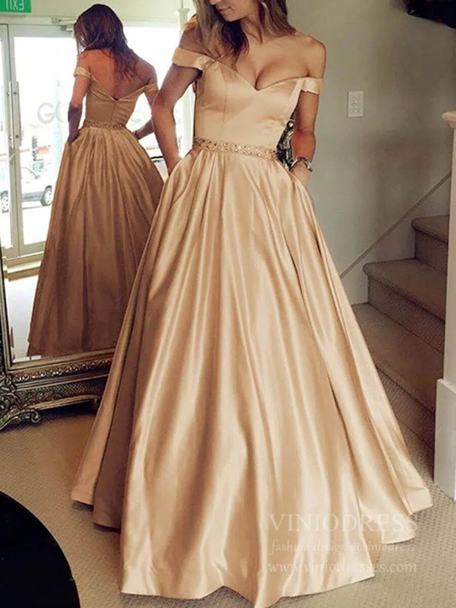 Prom Dress 2025 Cheap Off the Shoulder Simple Prom Dresses with Pockets FD1693-unique prom dresses-Gold-Custom Size-Viniodress