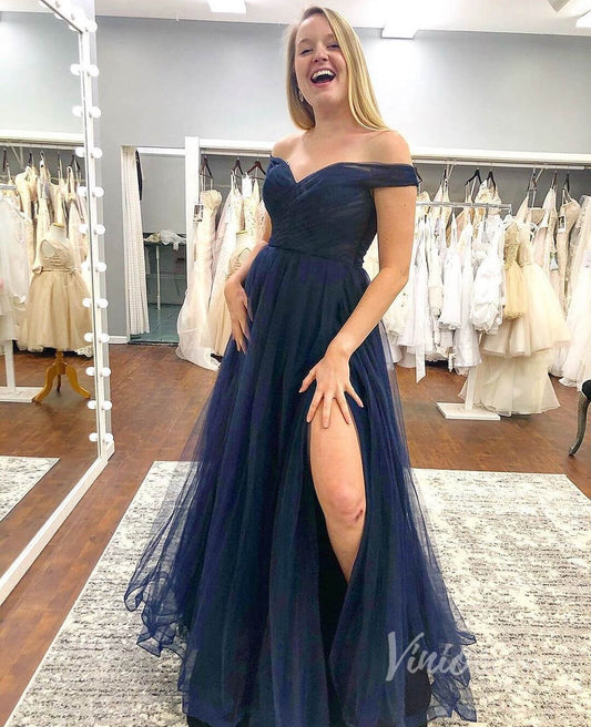 Prom Dress 2025 Off the Shoulder Tulle Prom Dress Navy Blue Formal Dress High Slit FD2856-unique prom dresses-Navy Blue-Custom Size-Viniodress