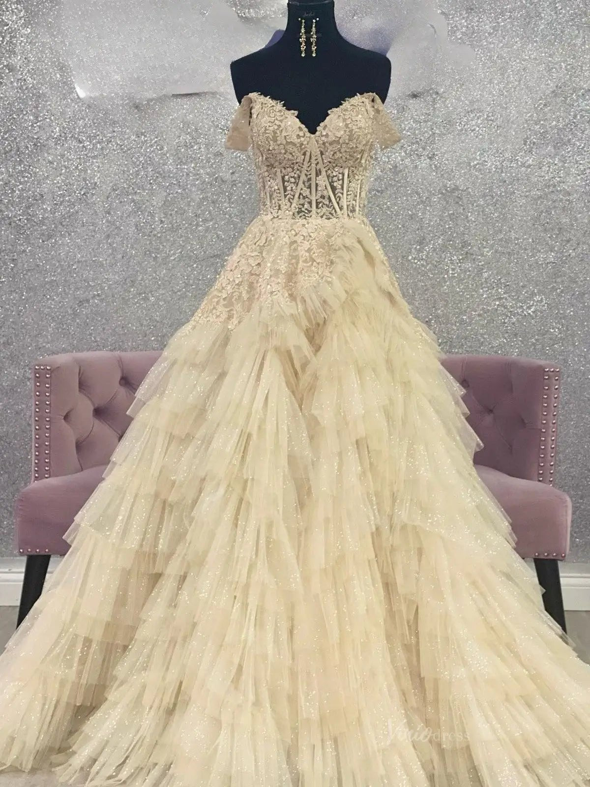 Off the Shoulder Tulle Prom Dresses 2025 Ruffled Lace Formal Gown with Slit FD3729-prom dresses 2025 -Viniodress-Beige-Custom Size-